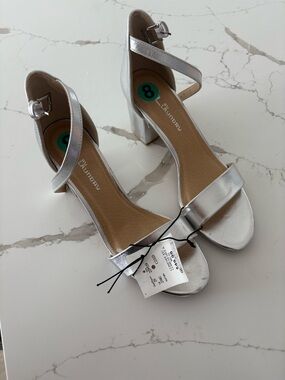 Women's Silver Block Heel Sandals with Ankle Strap